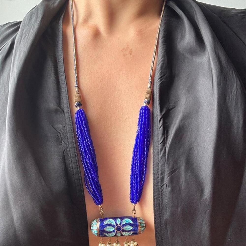 intage Electric Blue Seed Bead Fringe Pendant Necklace Avant Garde